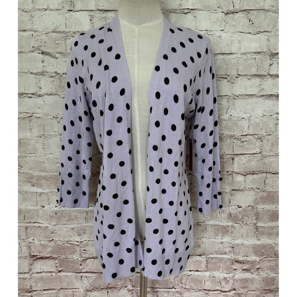 RED Womens Cardigan Sweater Open Front Lavender Black Polka Dot 3/4 Sleeve
